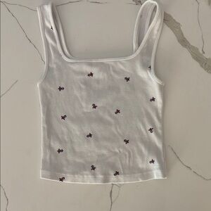 White Floral Print Ribbed Tank Top